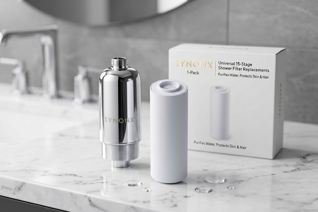 SYNONX replacement cartridge with filter and packaging on marble countertop