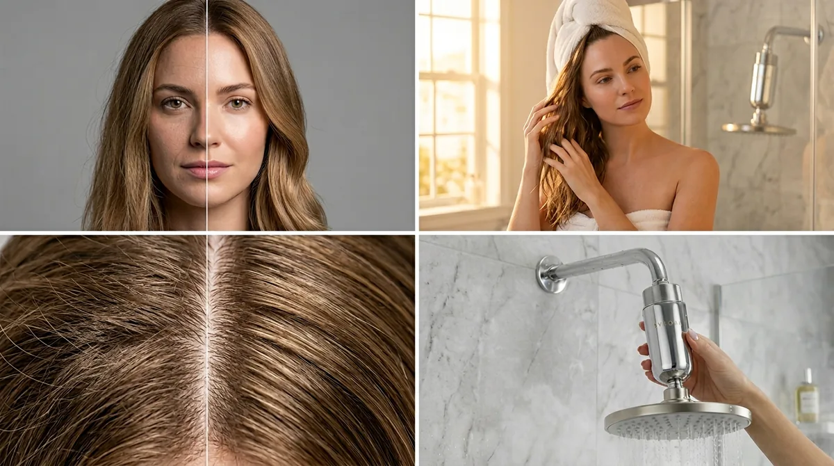 Before and after hair results with SYNONX filtered water — healthier, shinier hair