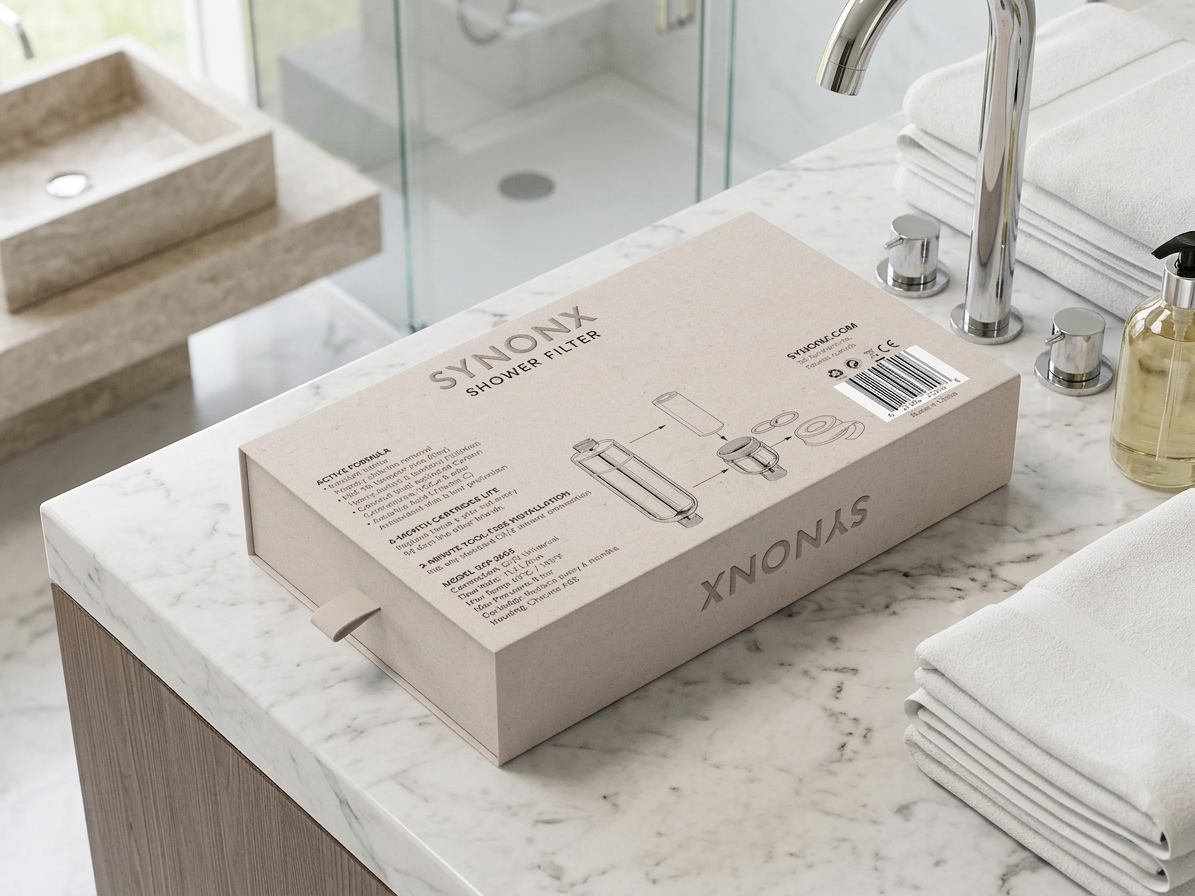 SYNONX Shower Filter box back view on marble surface