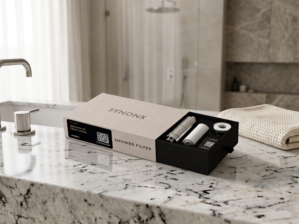 SYNONX Shower Filter box open on marble bathroom counter