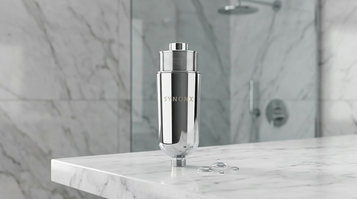 SYNONX Shower Filter on marble countertop