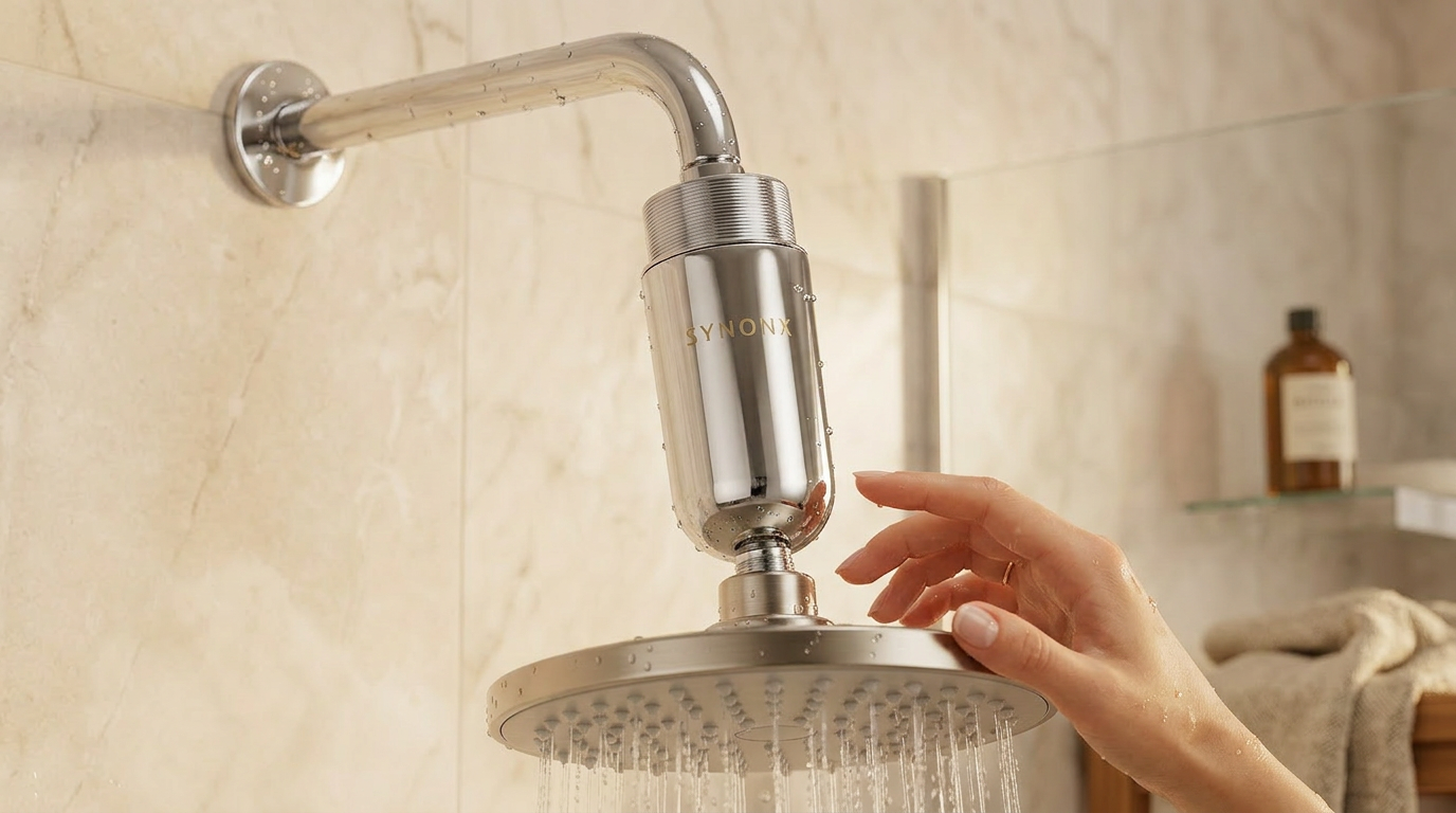 SYNONX shower filter installed under running water