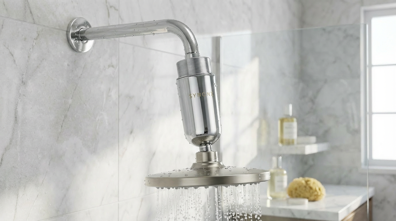 SYNONX Shower Filter installed with rainfall head