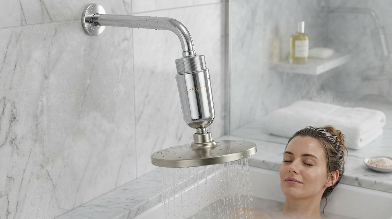 Woman showering with SYNONX filter