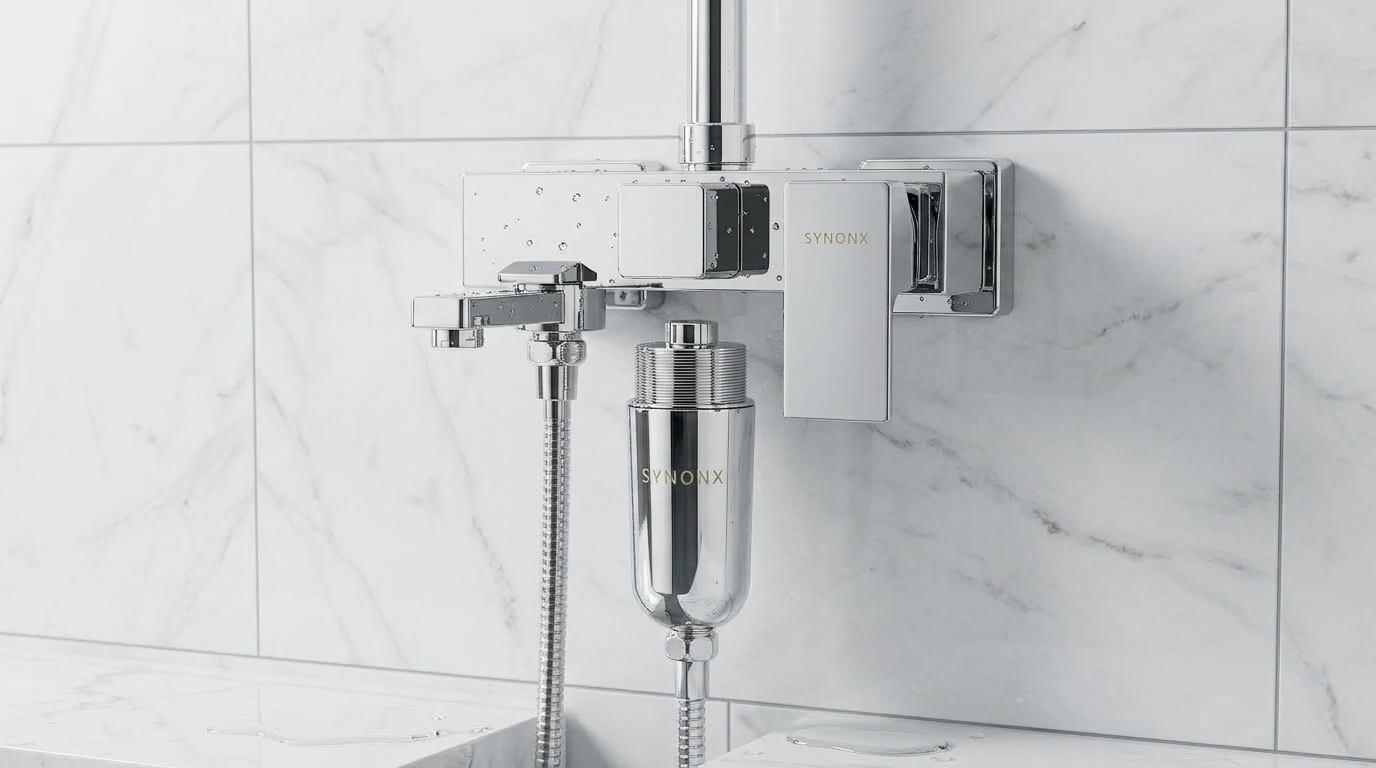 SYNONX Filter installed on marble shower wall